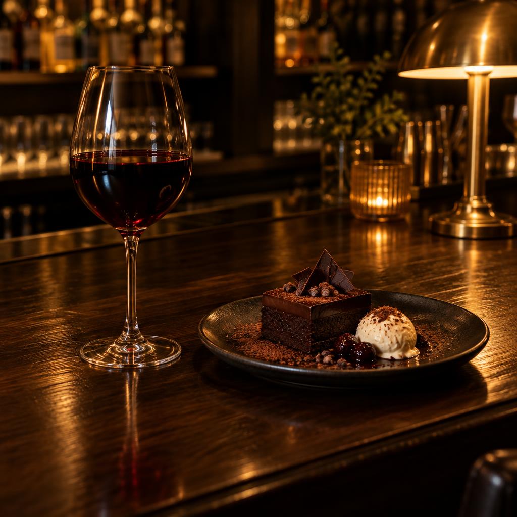 Rött vin och chokladkaka i baren